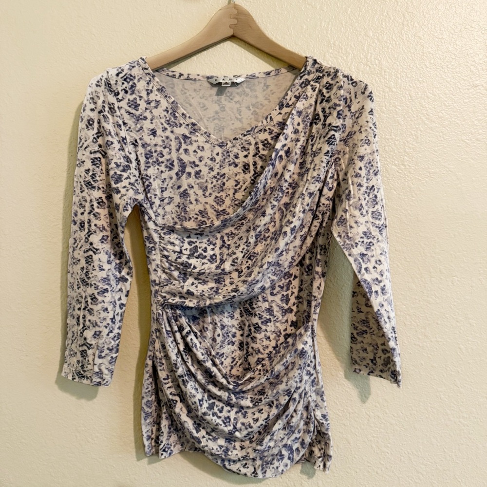 CAbi Snakeskin Print 3/4 Sleeve Faux Wrap  V-Neck Knit Slim Fit Blouse Top